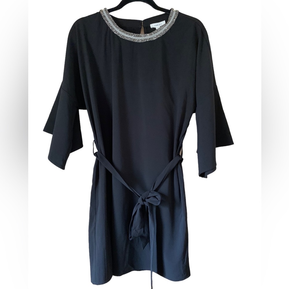 Gilli Black Belted Rhinestone Neckline 3/4 Bell Sleeves Cocktail Dress Size L